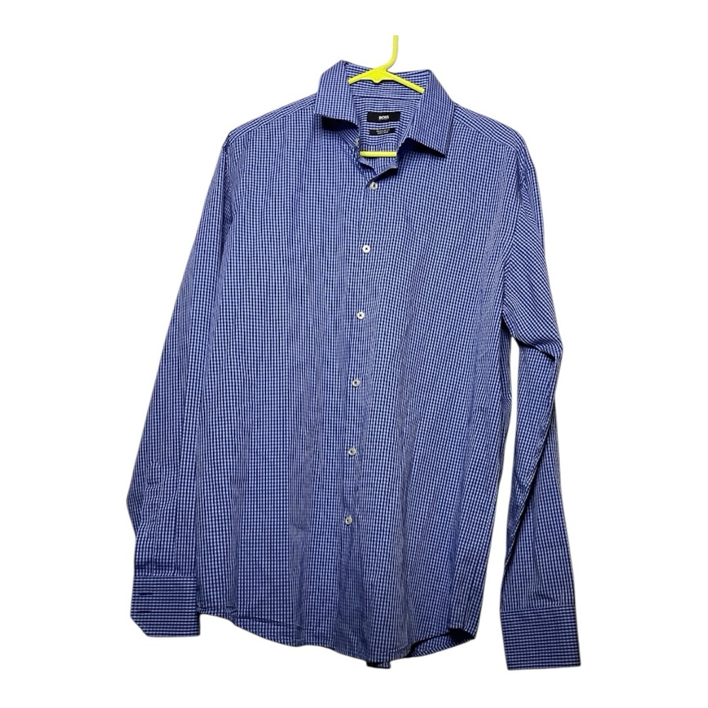 Men's Boss Hugo Boss long sleeve, blue checkered, button‎ down shirt, size 17.5
